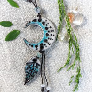 Pendentif Lune Feuille Raku