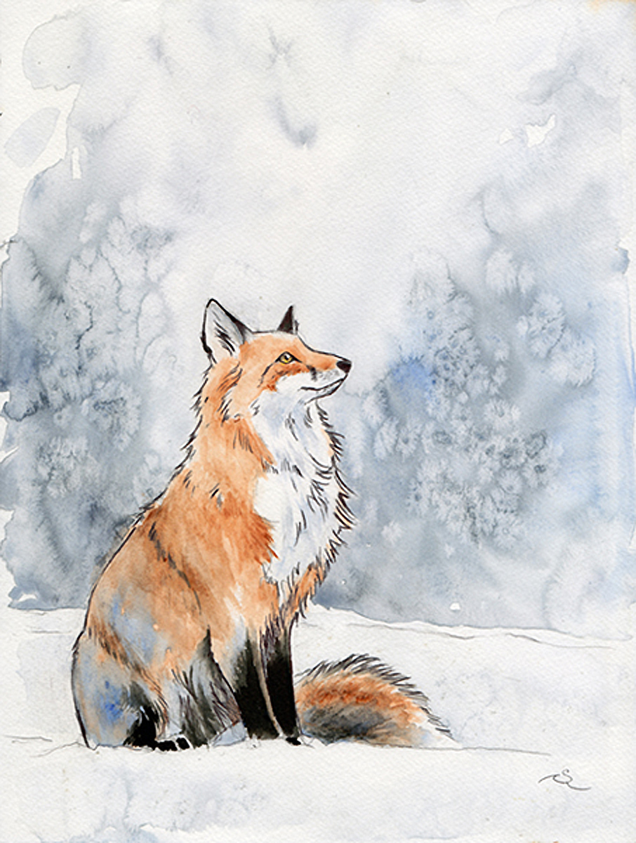 Aquarelle la Renarde et le Solstice d'hiver