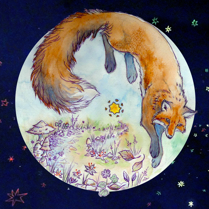 Aquarelle Le renard le chemin et l'étoile